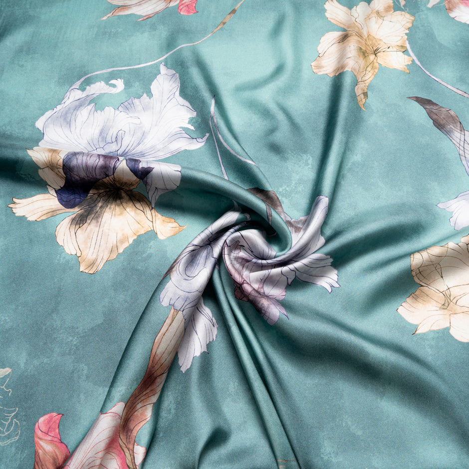 Floral Printed Sea Green Pure Silk Twill