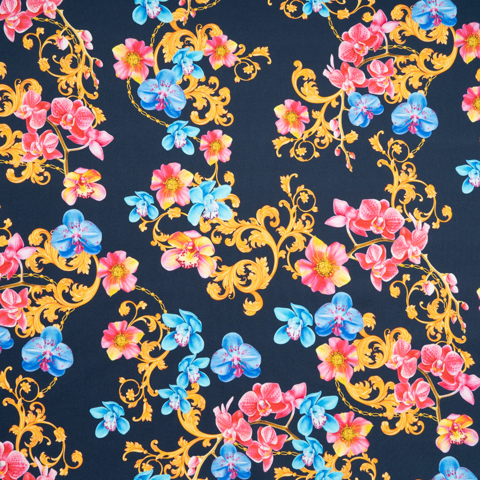 Pink & Blue Floral Printed Midnight Stretch Cotton
