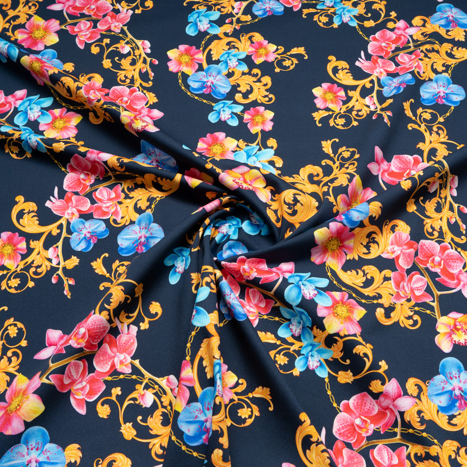 Pink & Blue Floral Printed Midnight Stretch Cotton