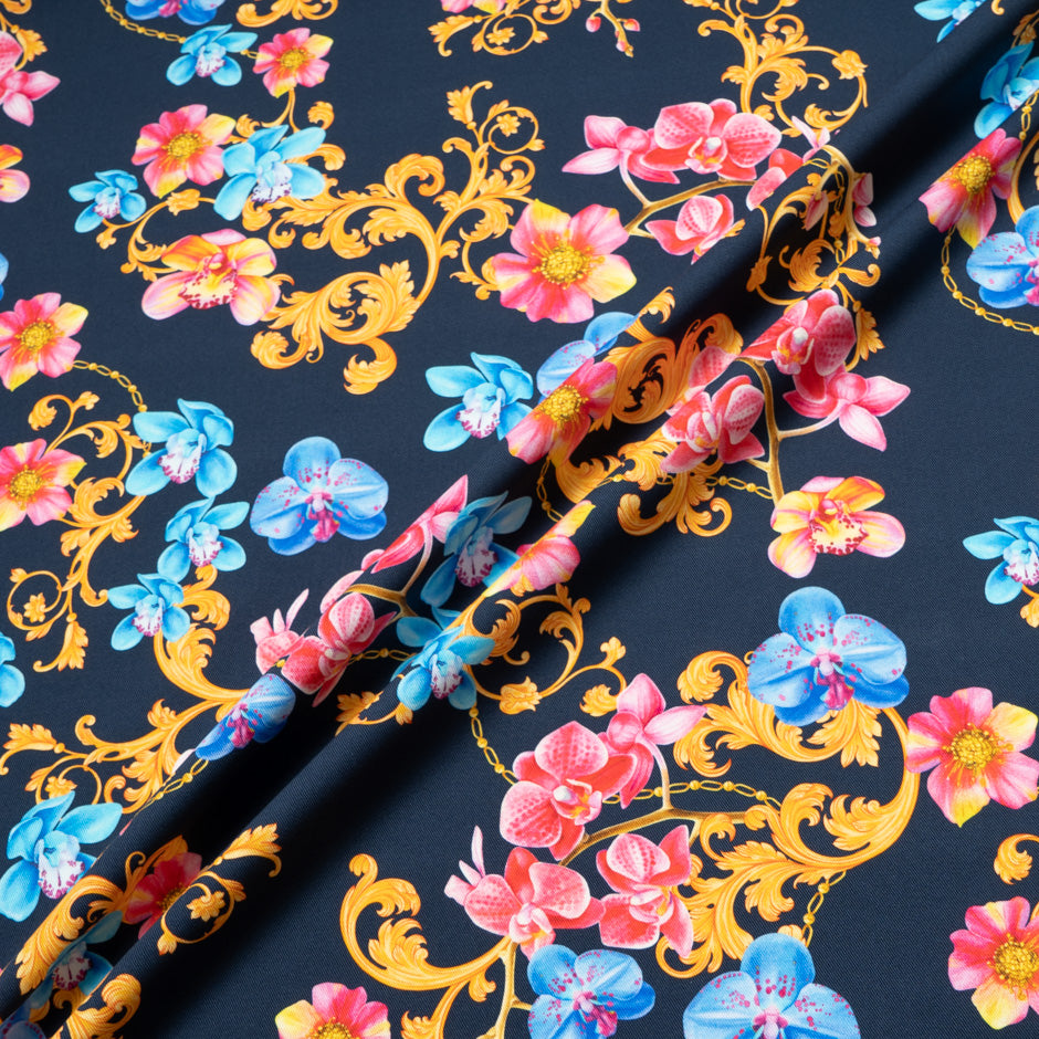 Pink & Blue Floral Printed Midnight Stretch Cotton