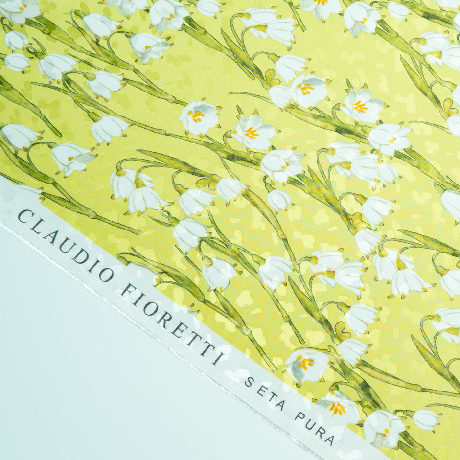 White Lily of the Valley Lime Silk Jacquard