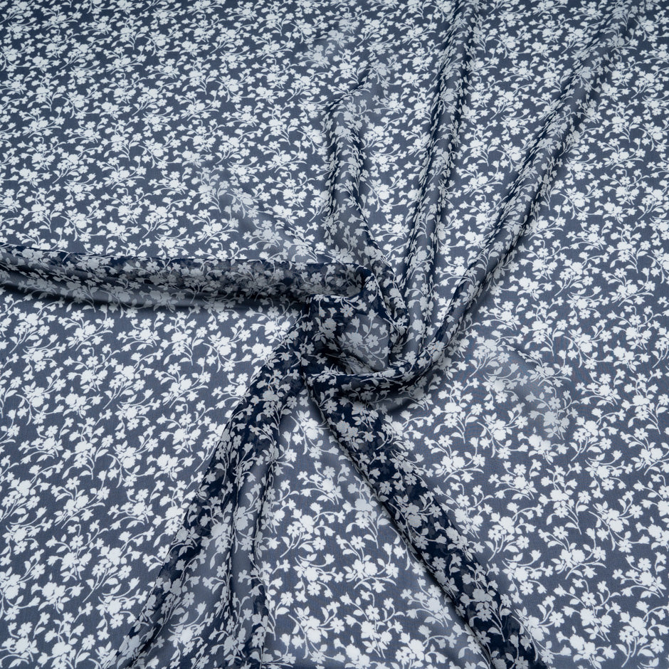 Ivory Floral Printed Midnight Blue Silk Georgette