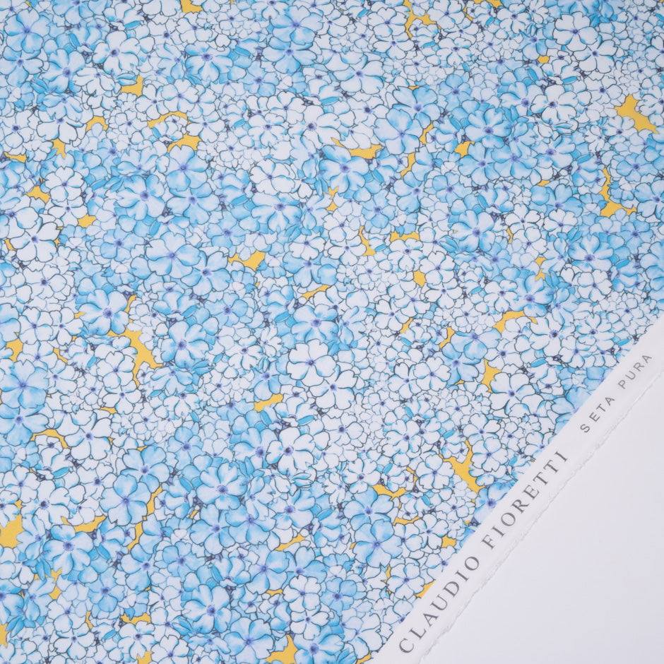 Blue Floral Printed Yellow Silk Georgette