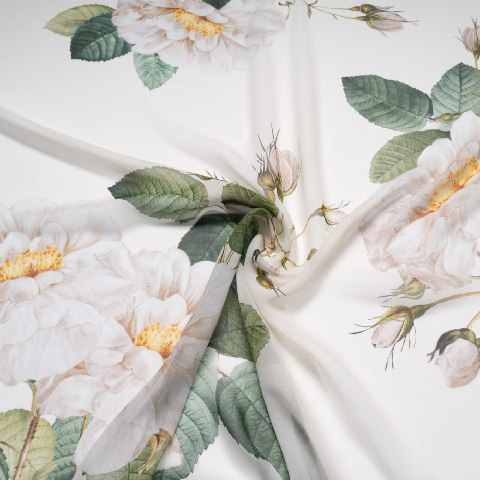 Large Floral Pure Cream Silk Georgette