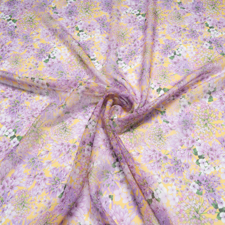 Lilac Floral Printed Yellow Silk Georgette