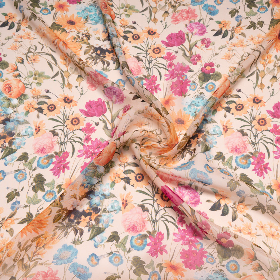Multi-Coloured Floral Printed Peach Silk