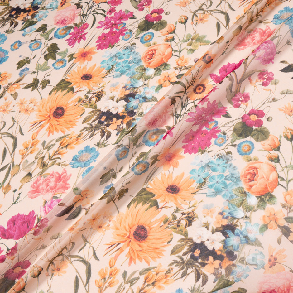 Multi-Coloured Floral Printed Peach Silk