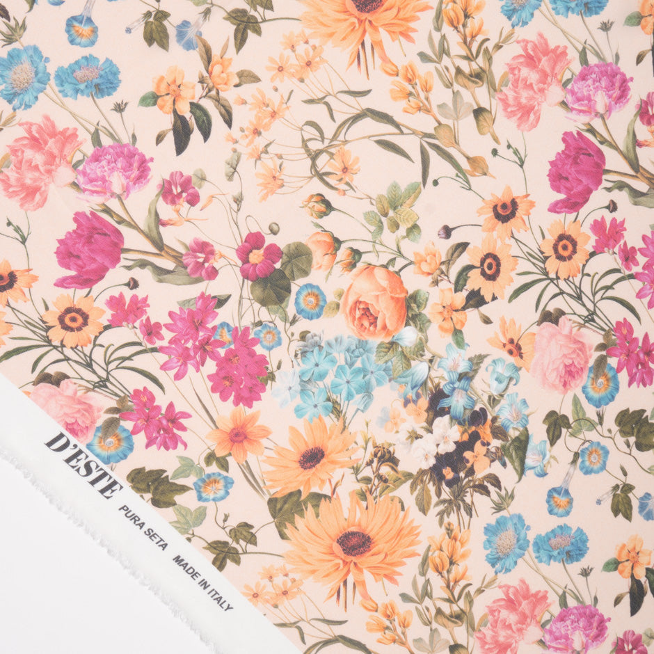 Multi-Coloured Floral Printed Peach Silk