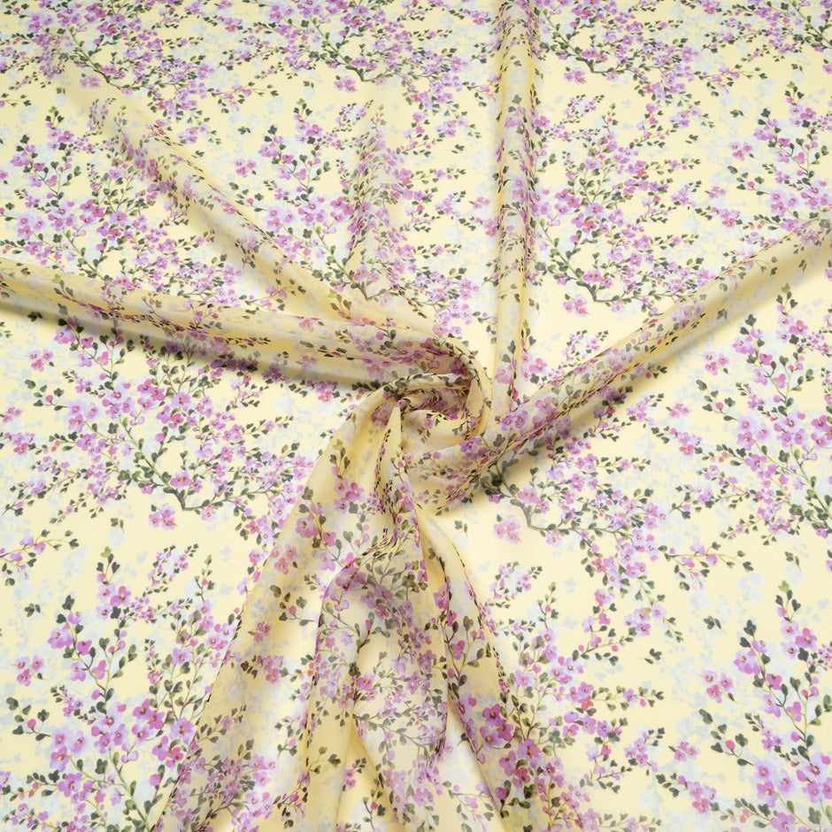 Petite Floral Printed Yellow Pure Silk Georgette