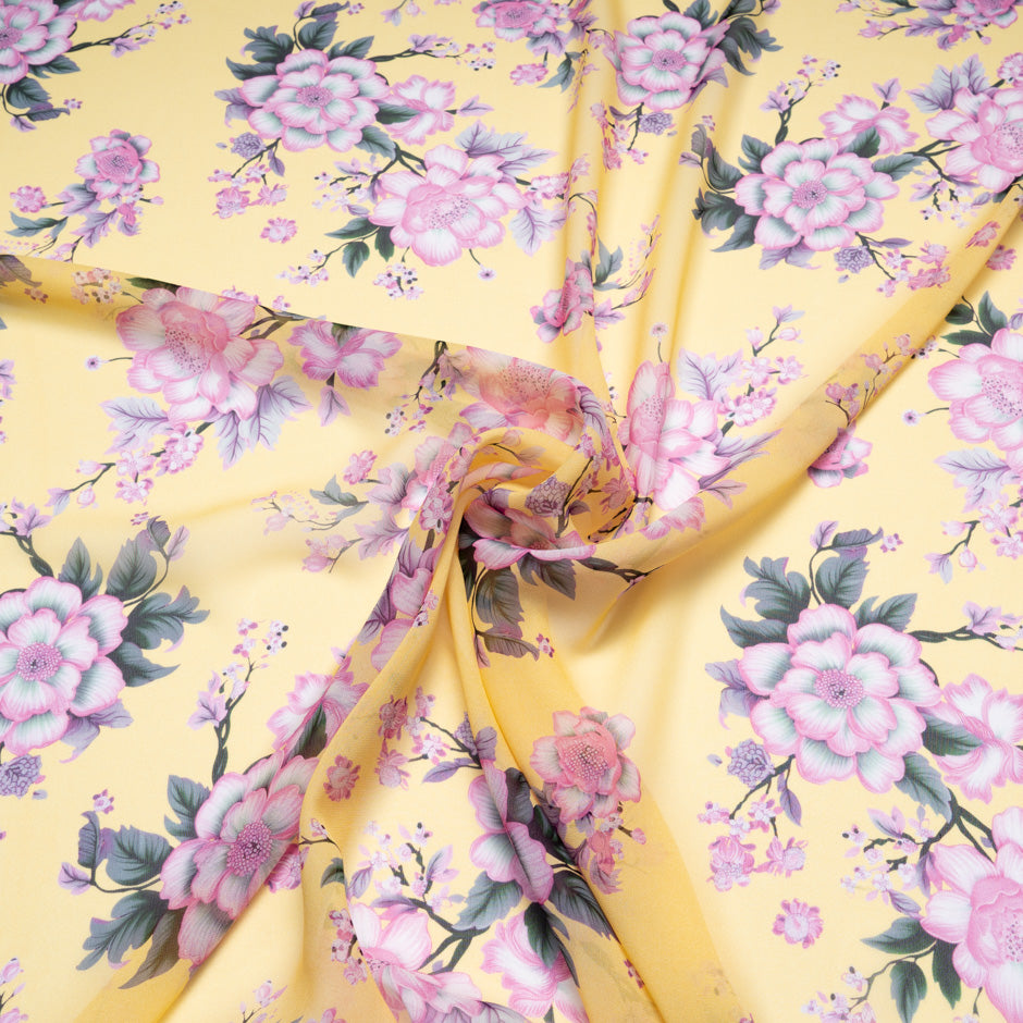 Floral Printed Canary Yellow Silk
