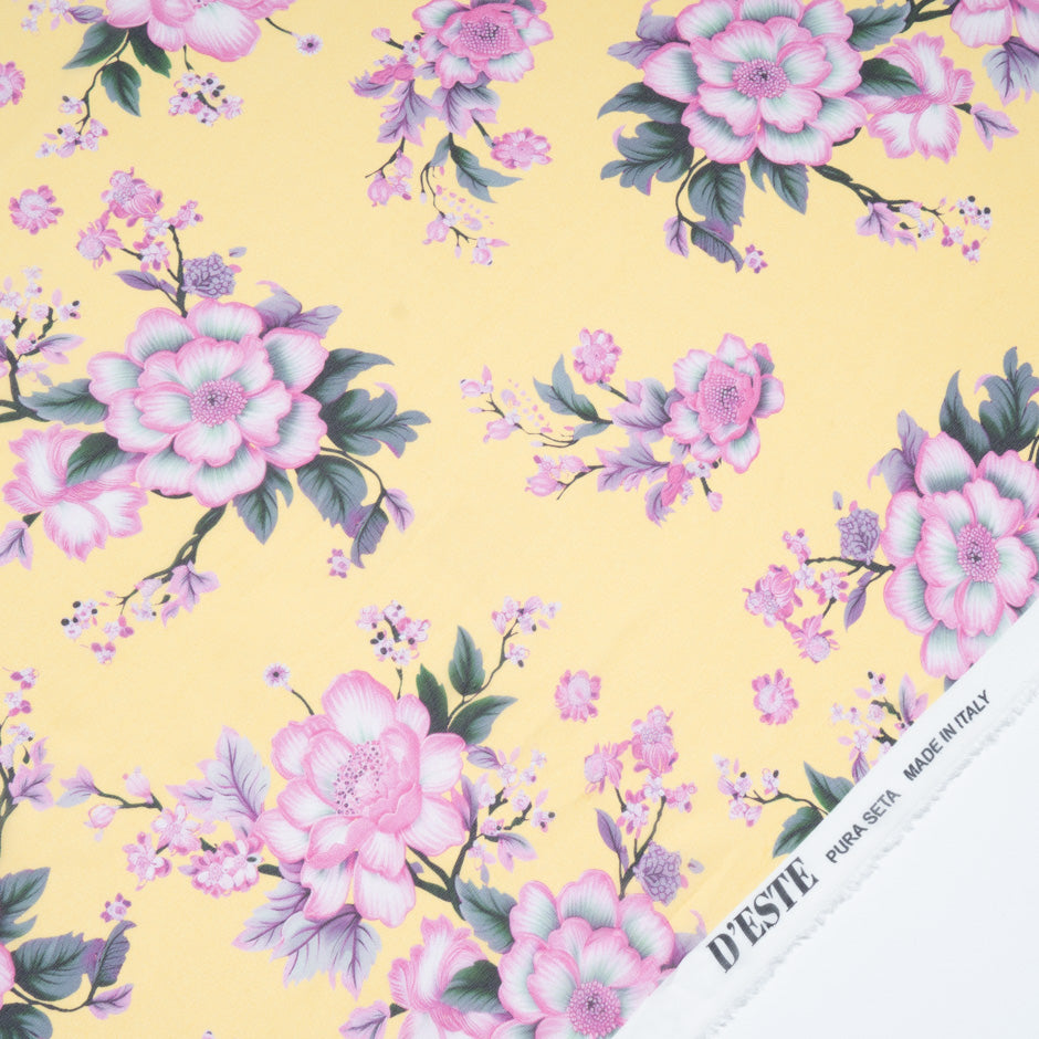Floral Printed Canary Yellow Silk