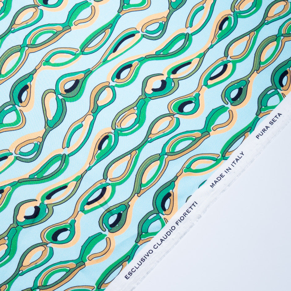 Abstract Patterned Sky Blue Silk Twill