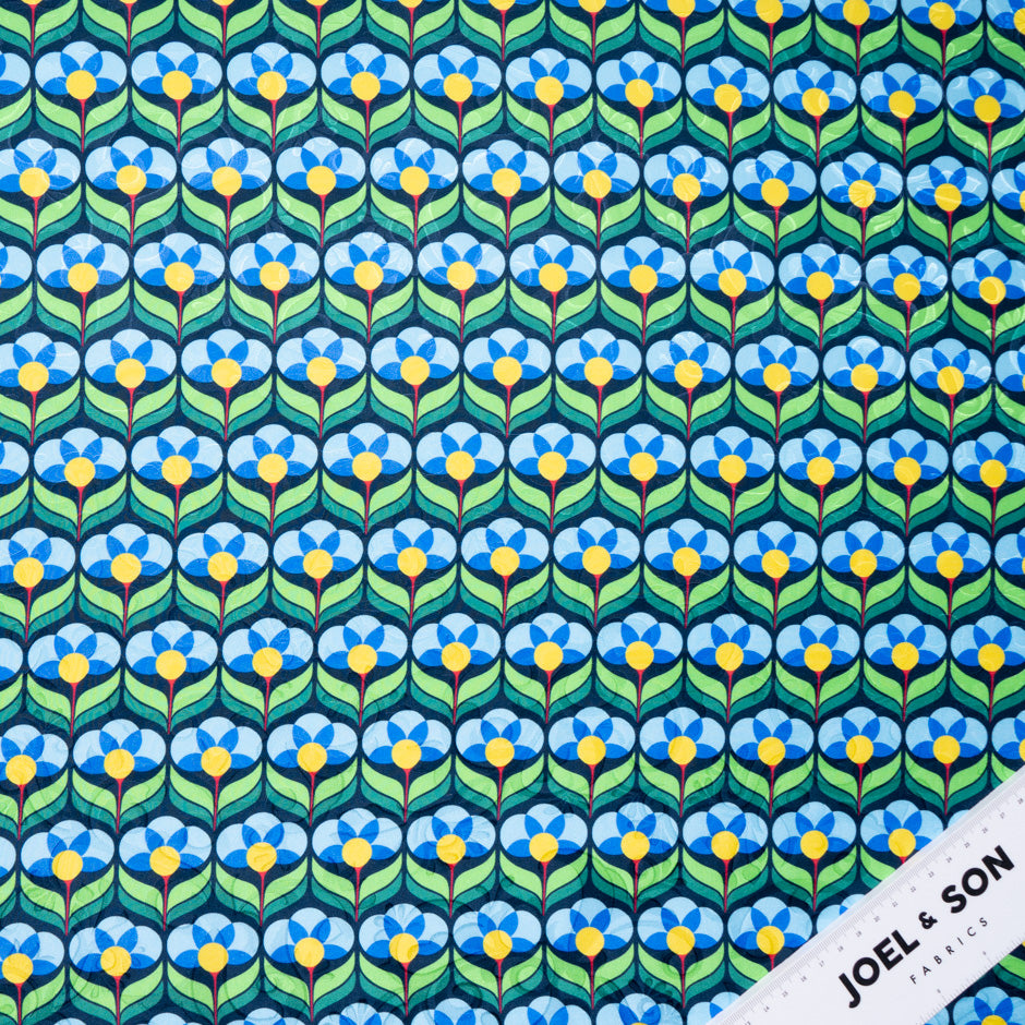 Blue & Green Geo Floral Printed Pure Silk Jacquard