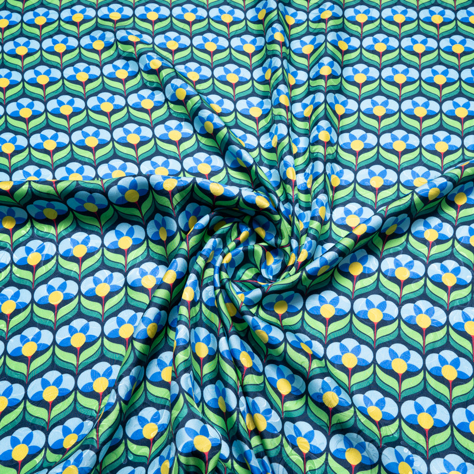 Blue & Green Geo Floral Printed Pure Silk Jacquard