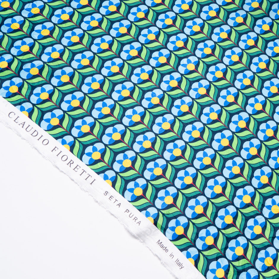 Blue & Green Geo Floral Printed Pure Silk Jacquard