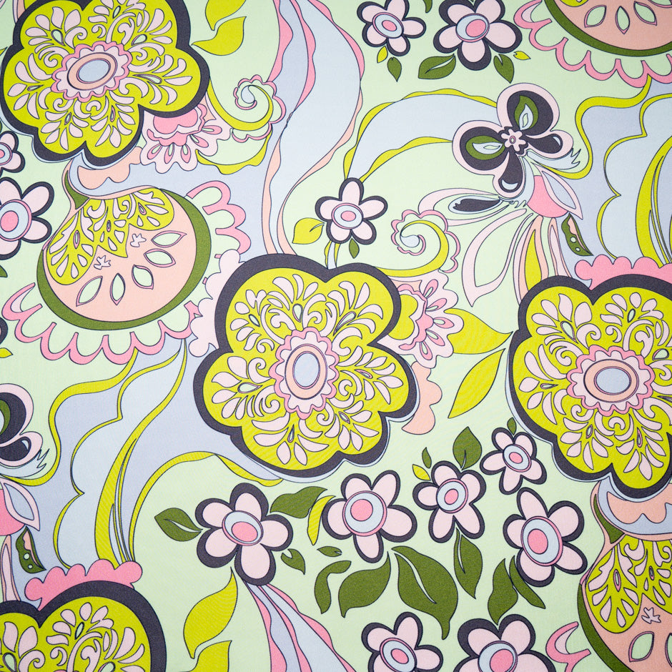 Multi-Coloured Retro Floral Printed Pure Silk Twill