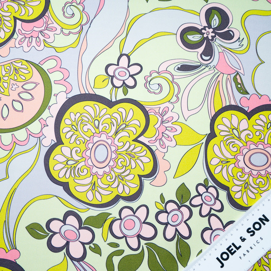 Multi-Coloured Retro Floral Printed Pure Silk Twill