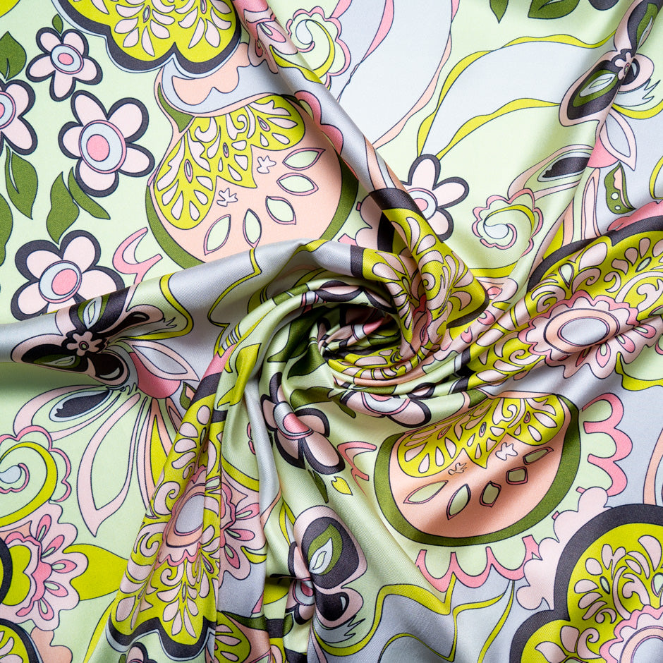 Multi-Coloured Retro Floral Printed Pure Silk Twill