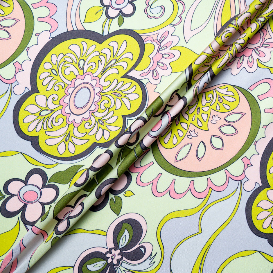 Multi-Coloured Retro Floral Printed Pure Silk Twill