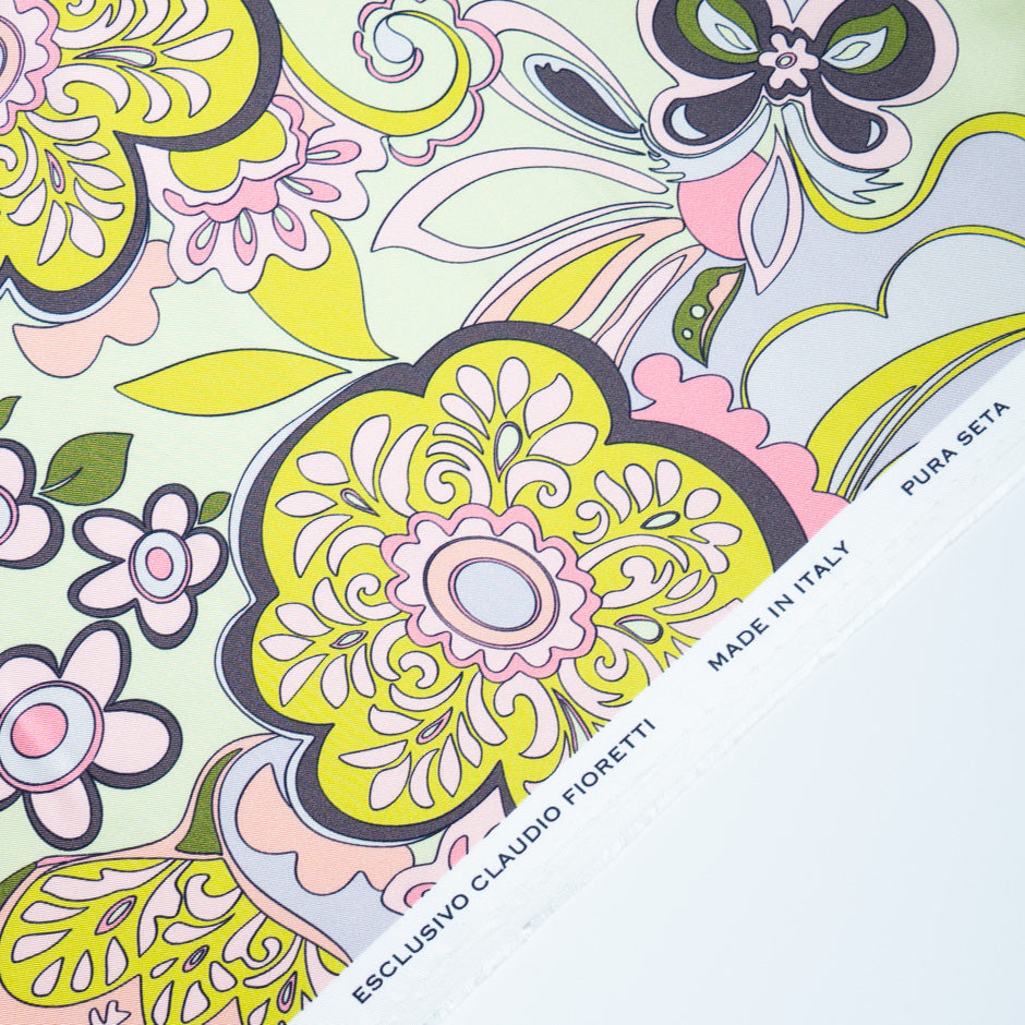 Multi-Coloured Retro Floral Printed Pure Silk Twill