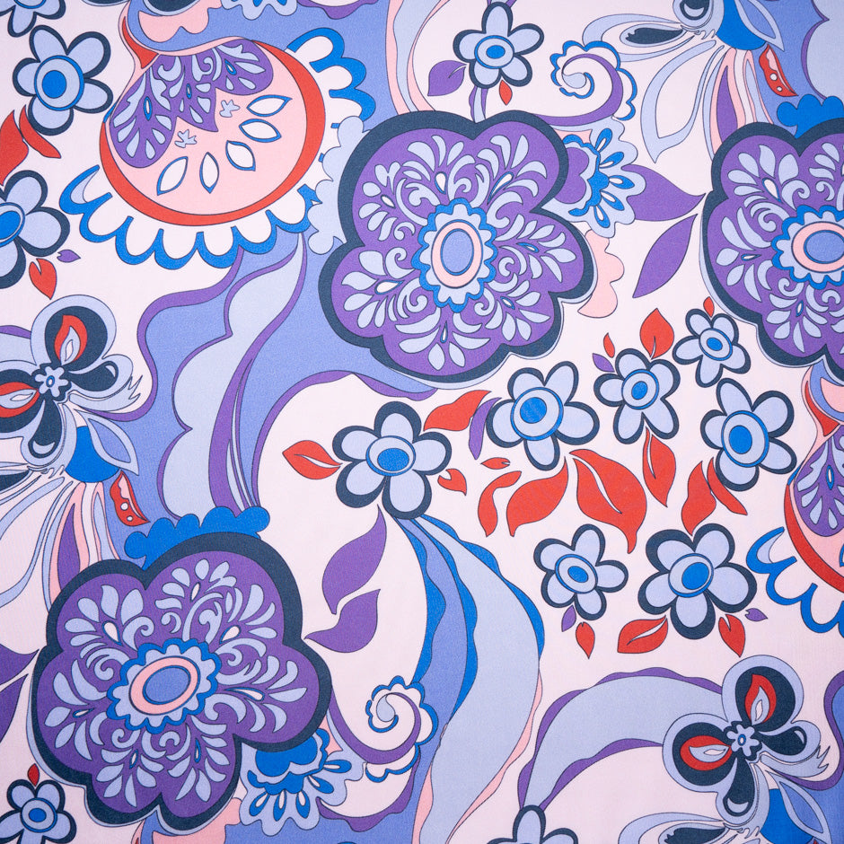 Purple Retro Floral Printed Pure Silk Twill