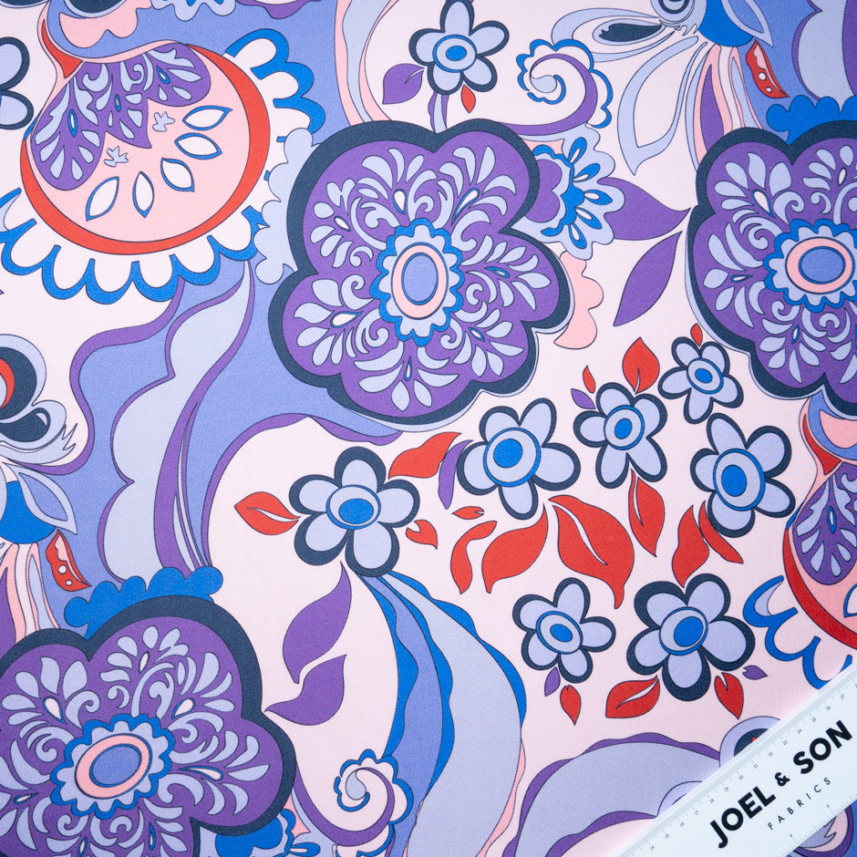 Purple Retro Floral Printed Pure Silk Twill