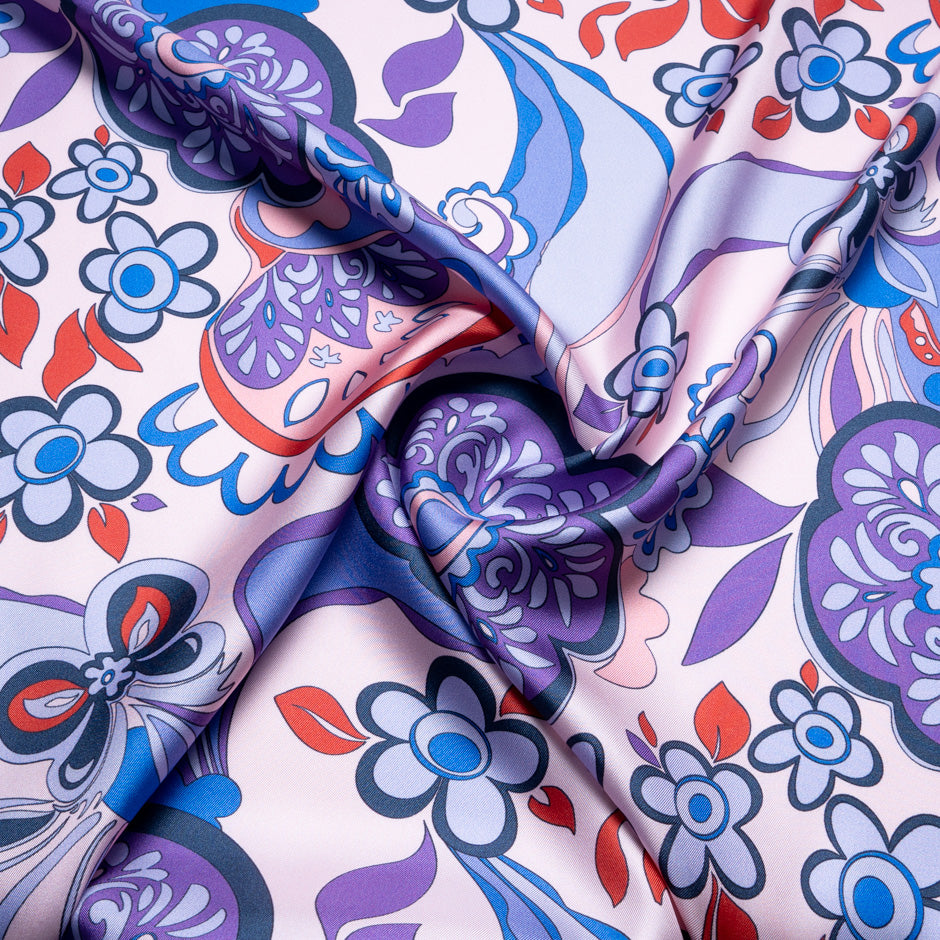 Purple Retro Floral Printed Pure Silk Twill