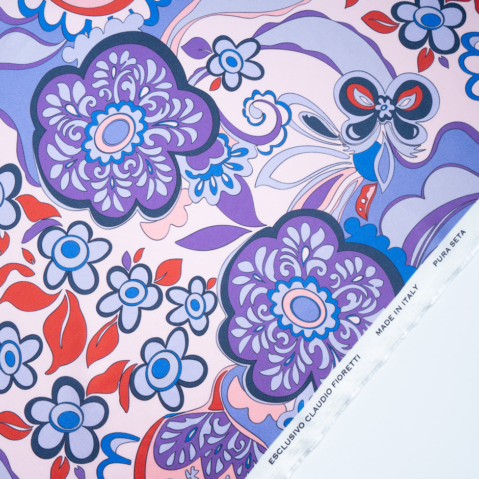 Purple Retro Floral Printed Pure Silk Twill