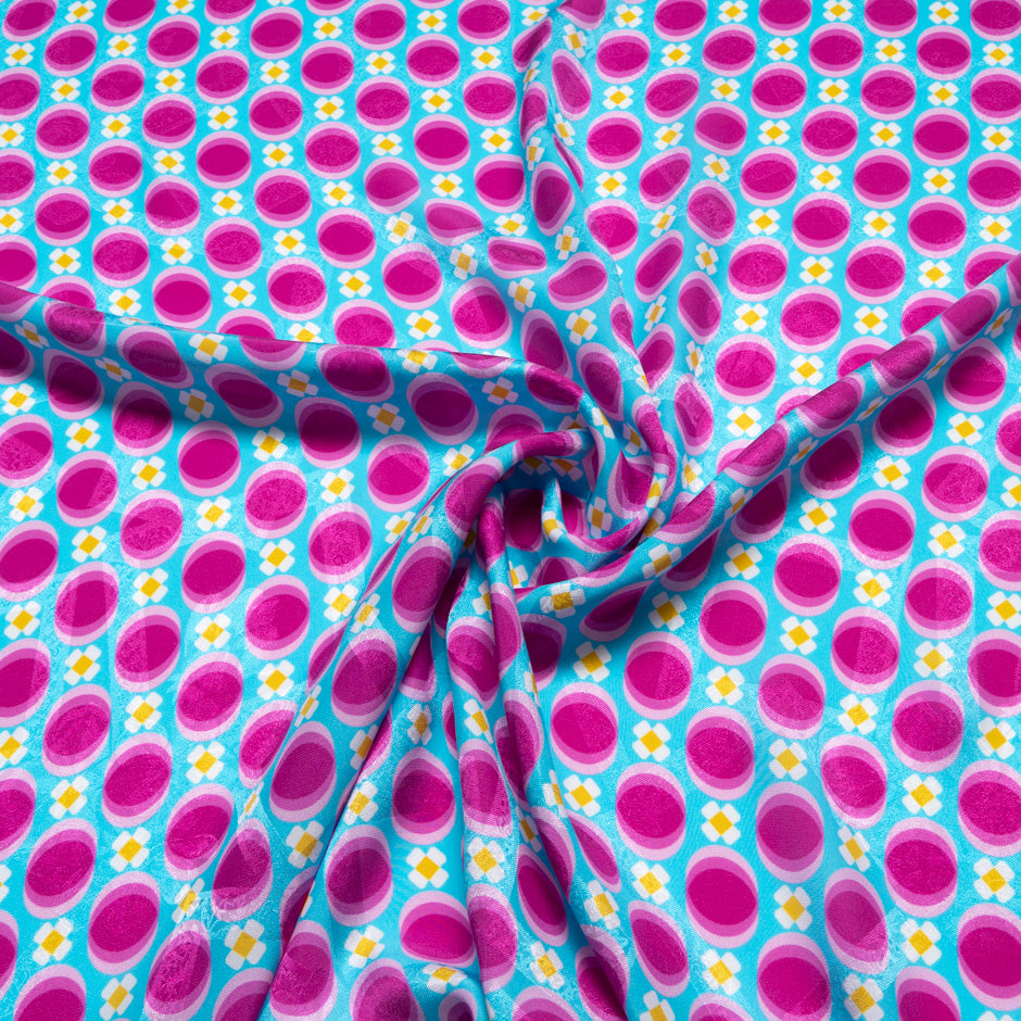 Pink Geometric Printed Blue Silk Jacquard