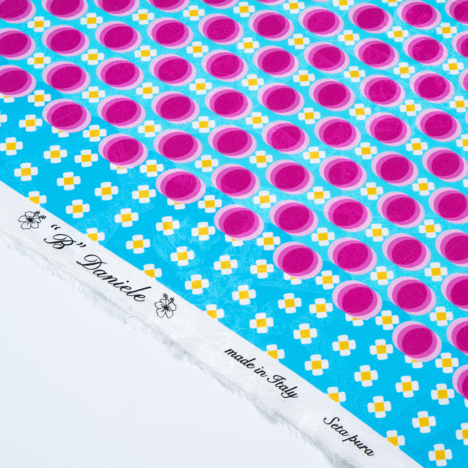 Pink Geometric Printed Blue Silk Jacquard