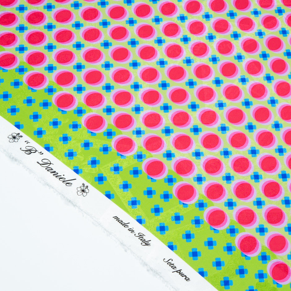 Pink Geometric Printed Green Silk Jacquard