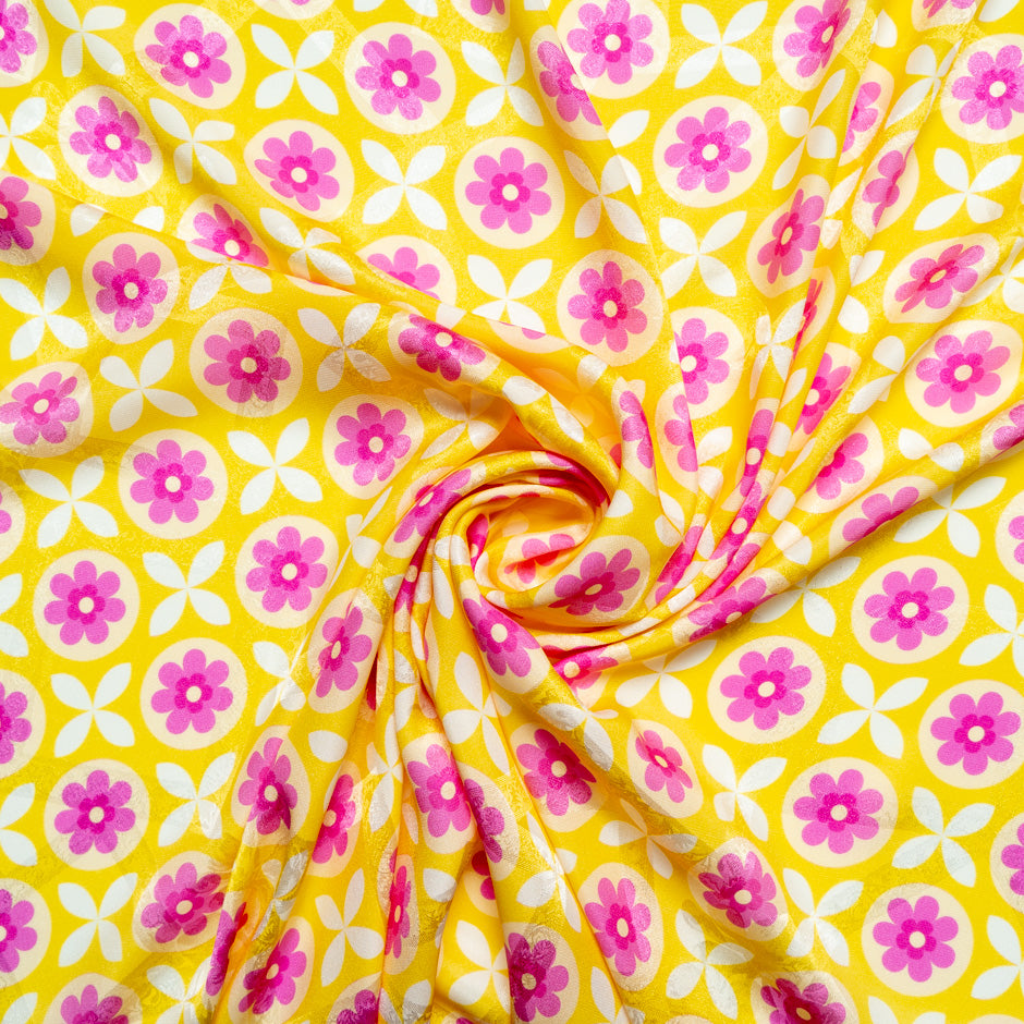 Geometric Floral Printed Yellow Silk Jacquard