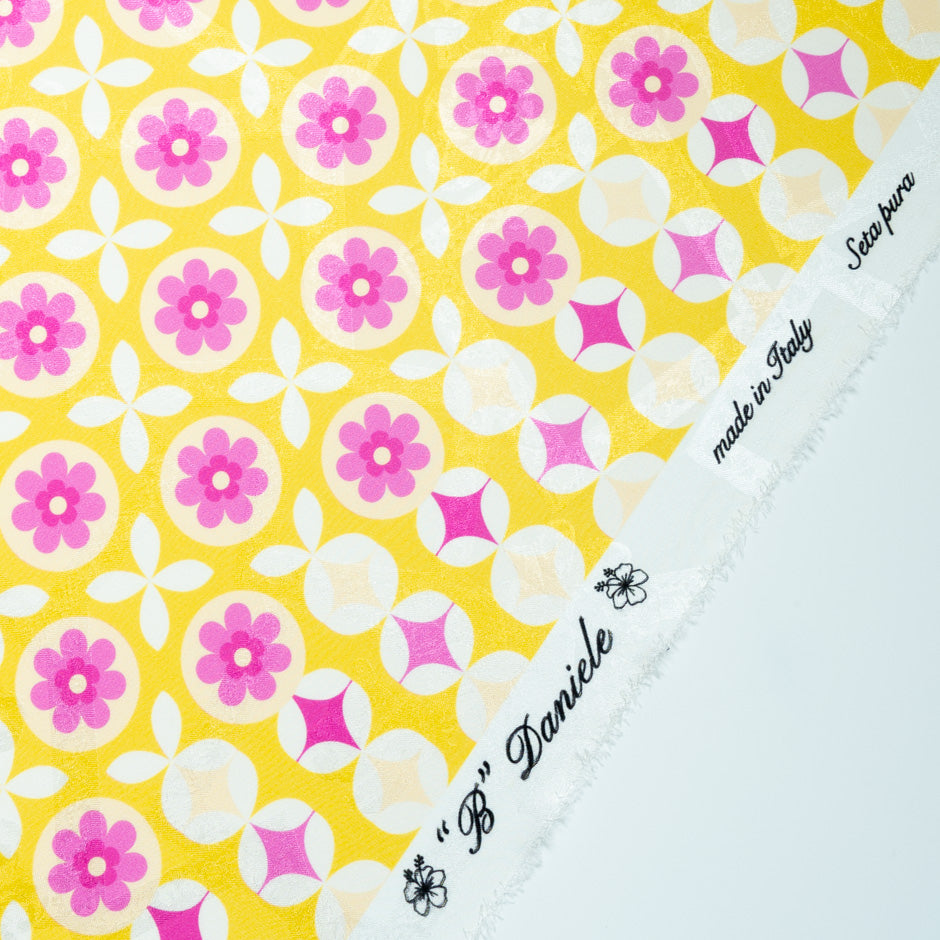Geometric Floral Printed Yellow Silk Jacquard