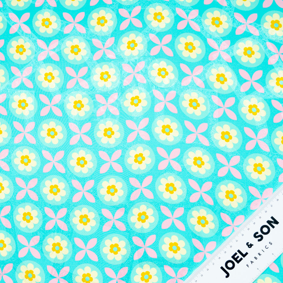 Geometric Floral Printed Aqua Silk Jacquard