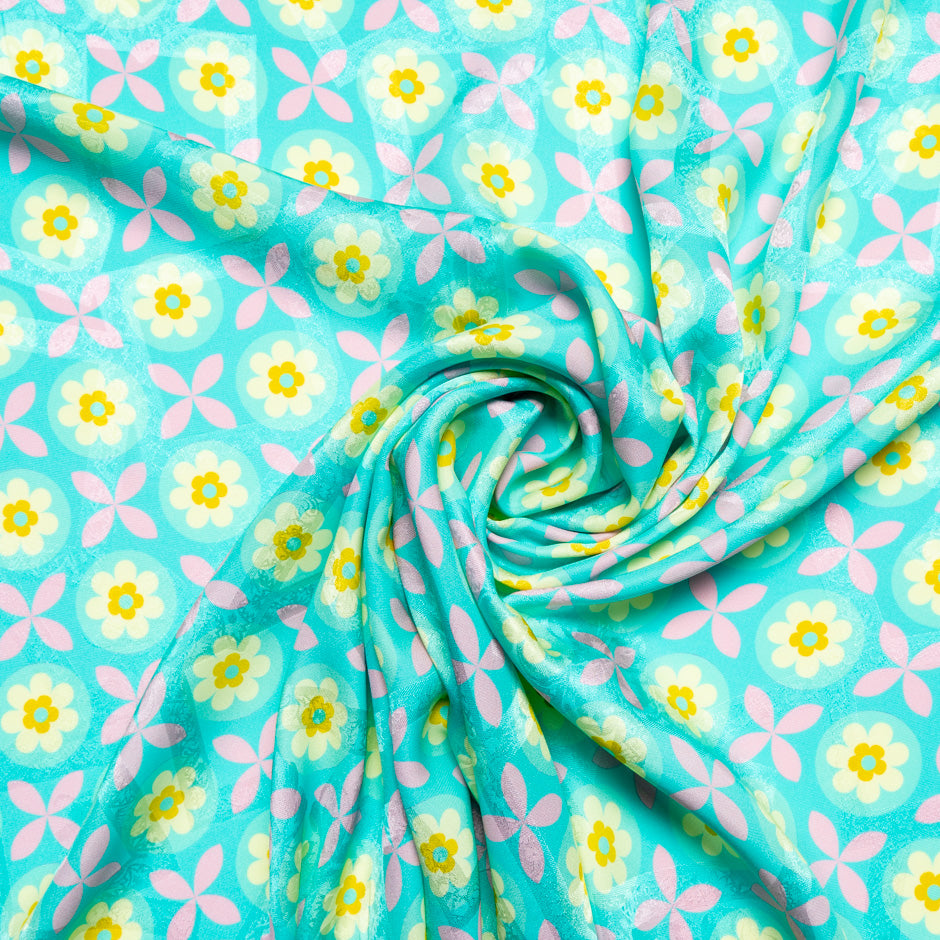 Geometric Floral Printed Aqua Silk Jacquard