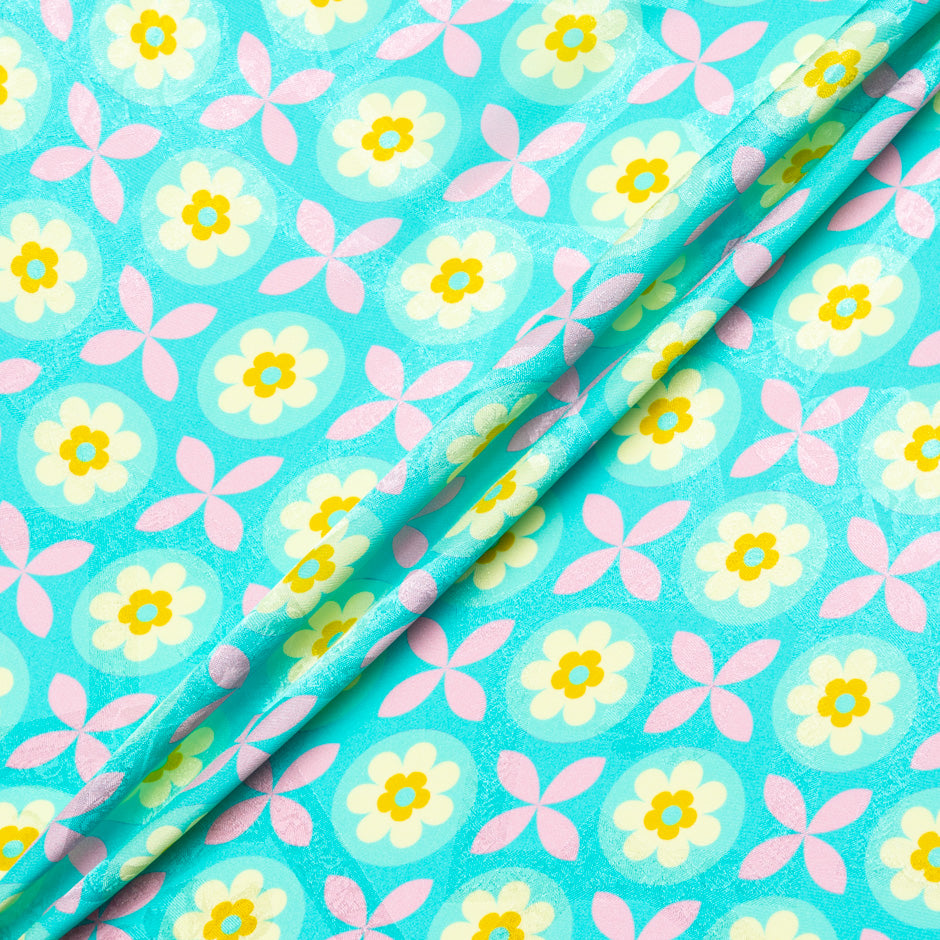 Geometric Floral Printed Aqua Silk Jacquard