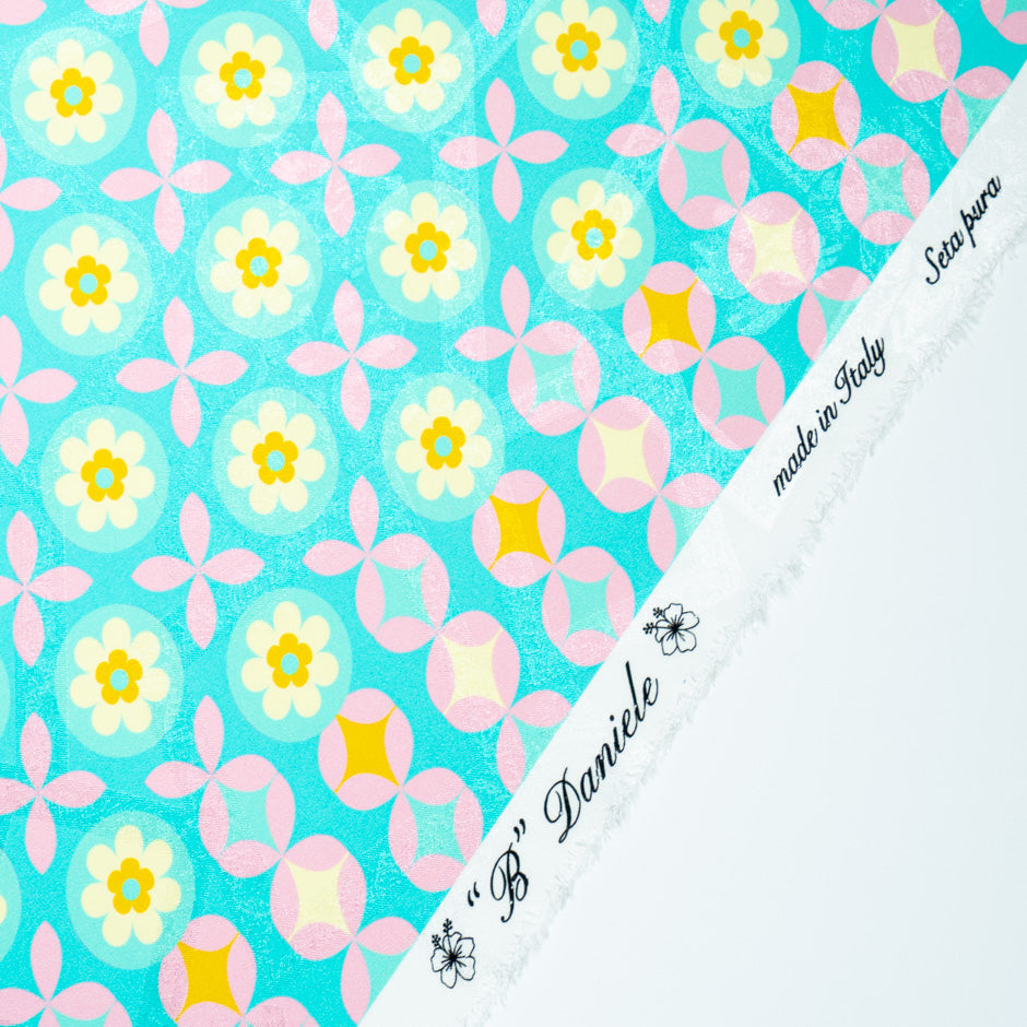 Geometric Floral Printed Aqua Silk Jacquard