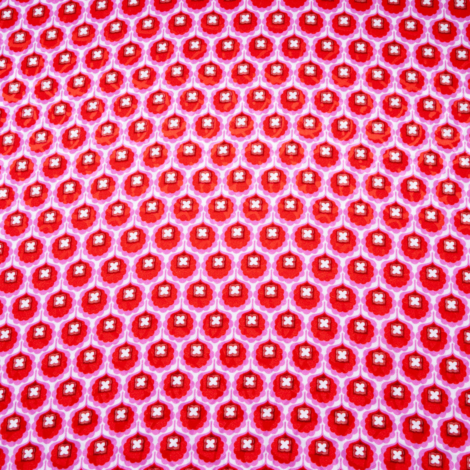 Red & Pink Geo Retro Floral Printed Silk Jacquard