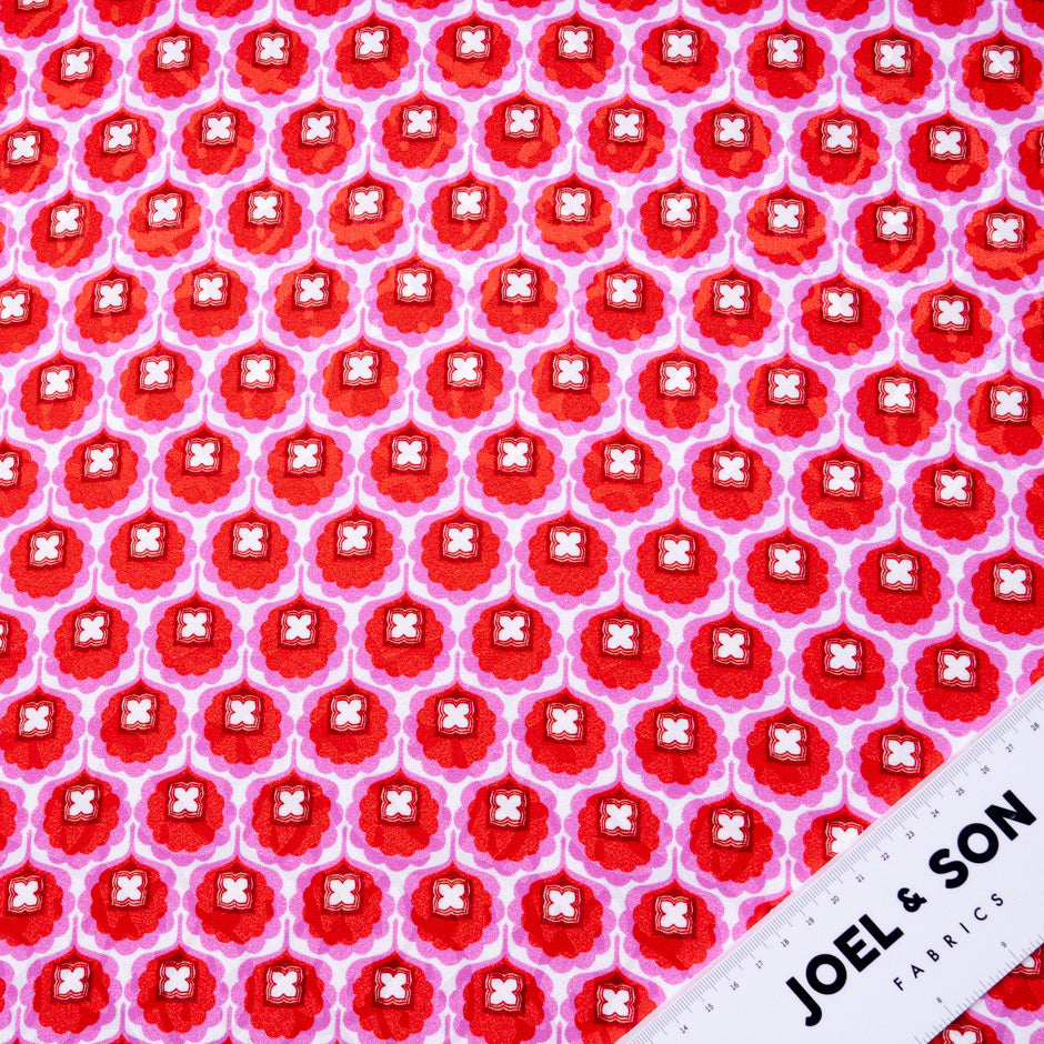 Red & Pink Geo Retro Floral Printed Silk Jacquard