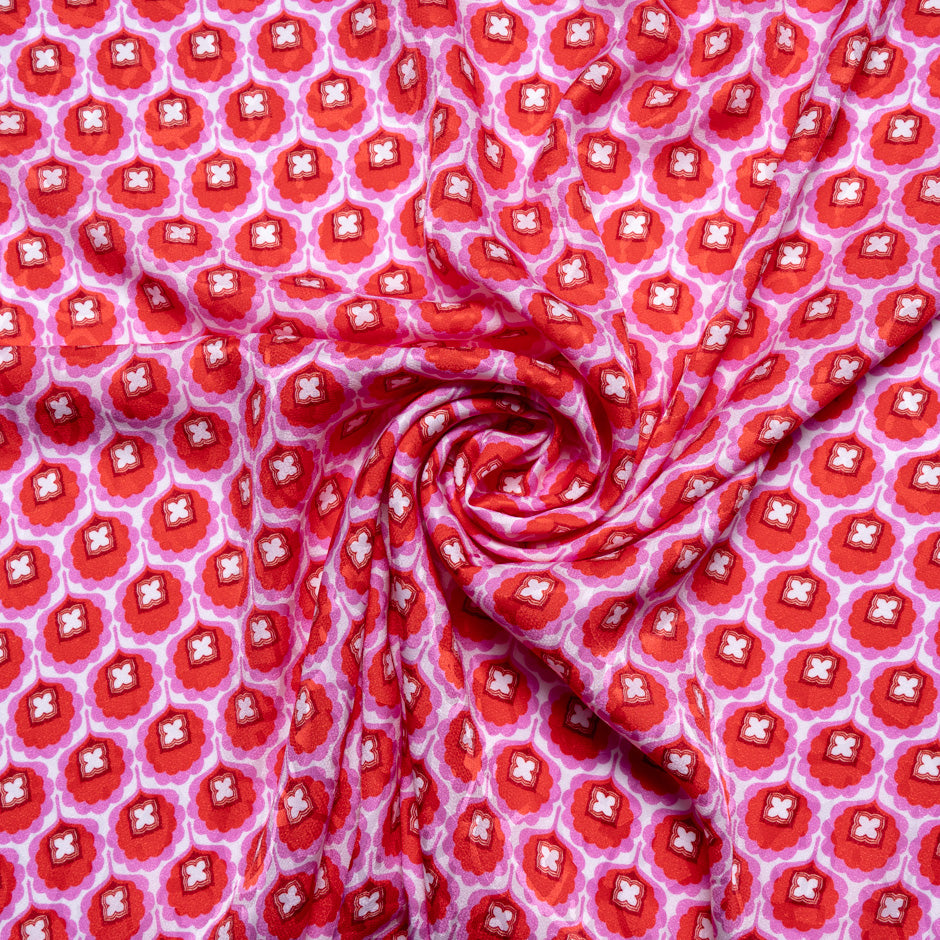 Red & Pink Geo Retro Floral Printed Silk Jacquard