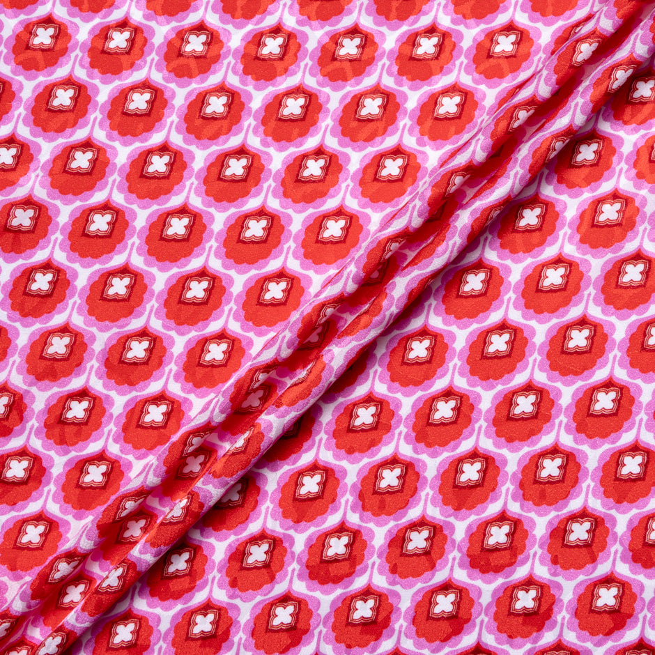 Red & Pink Geo Retro Floral Printed Silk Jacquard