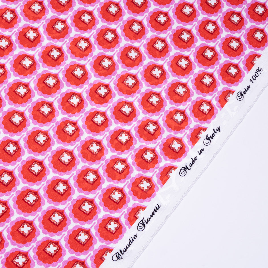 Red & Pink Geo Retro Floral Printed Silk Jacquard
