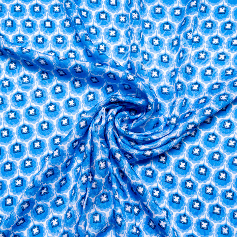 Blue Geo Retro Floral Printed Silk Jacquard