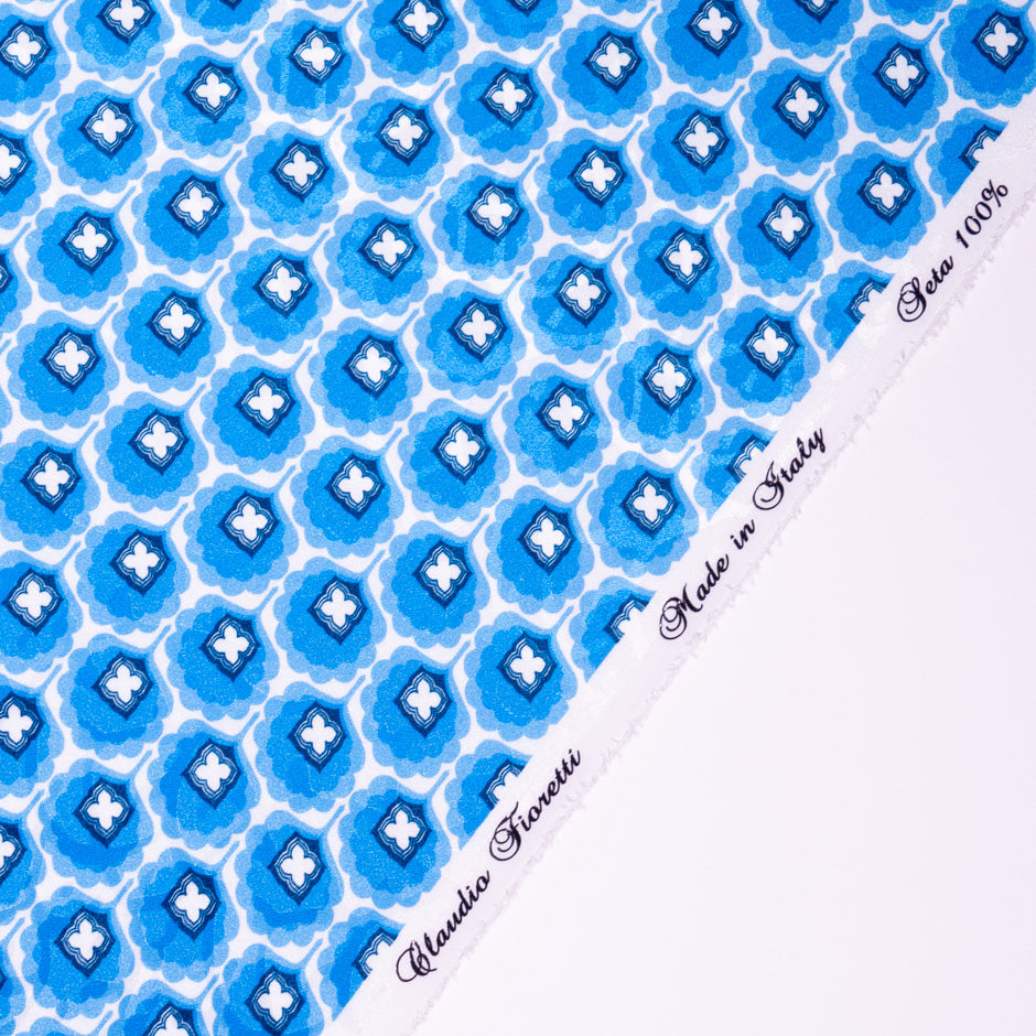 Blue Geo Retro Floral Printed Silk Jacquard