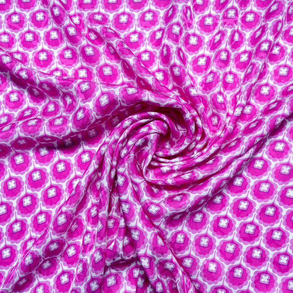 Fuchsia Geo Retro Floral Printed Silk Jacquard