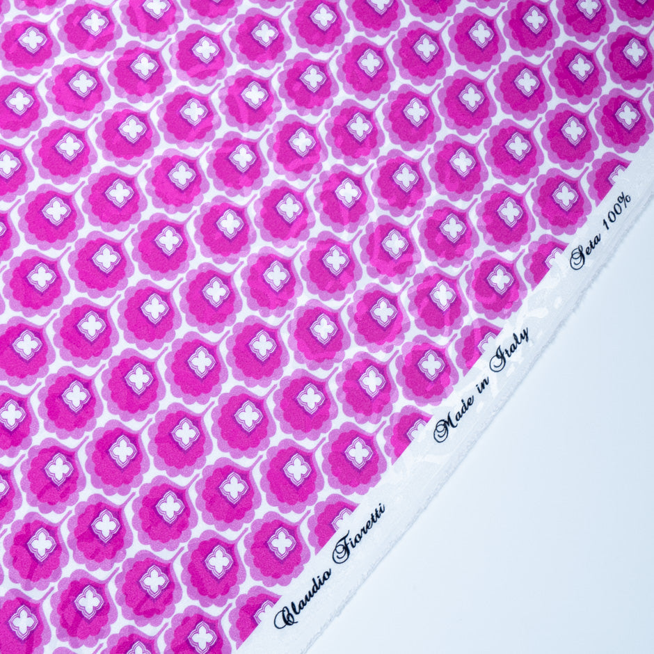 Fuchsia Geo Retro Floral Printed Silk Jacquard