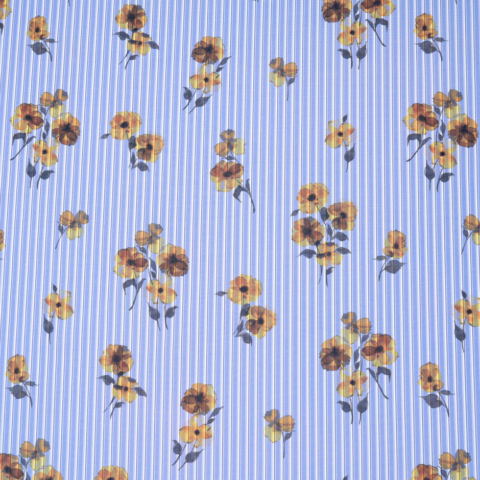 Yellow Pansy Printed Blue Cotton Blend