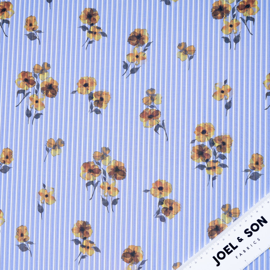 Yellow Pansy Printed Blue Cotton Blend