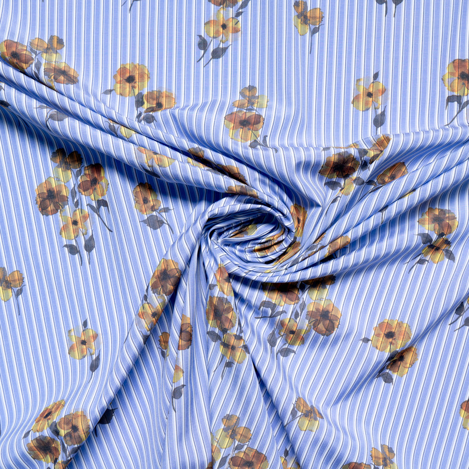 Yellow Pansy Printed Blue Cotton Blend