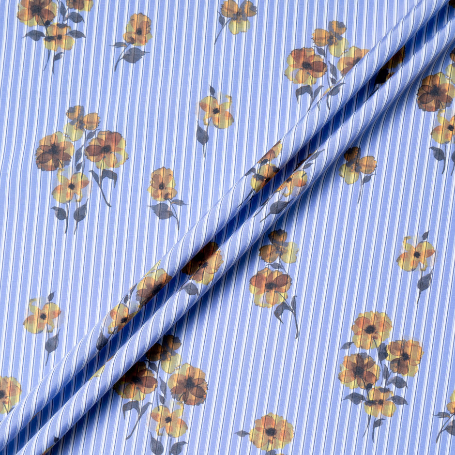 Yellow Pansy Printed Blue Cotton Blend